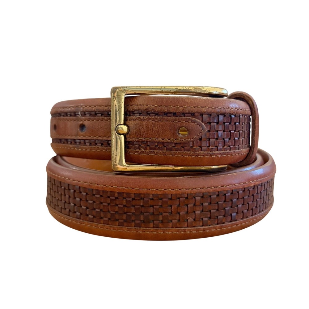 Allen Edmonds Belt Mens 40 Woven Basketweave Leather Cognac Brown Brass Buckle